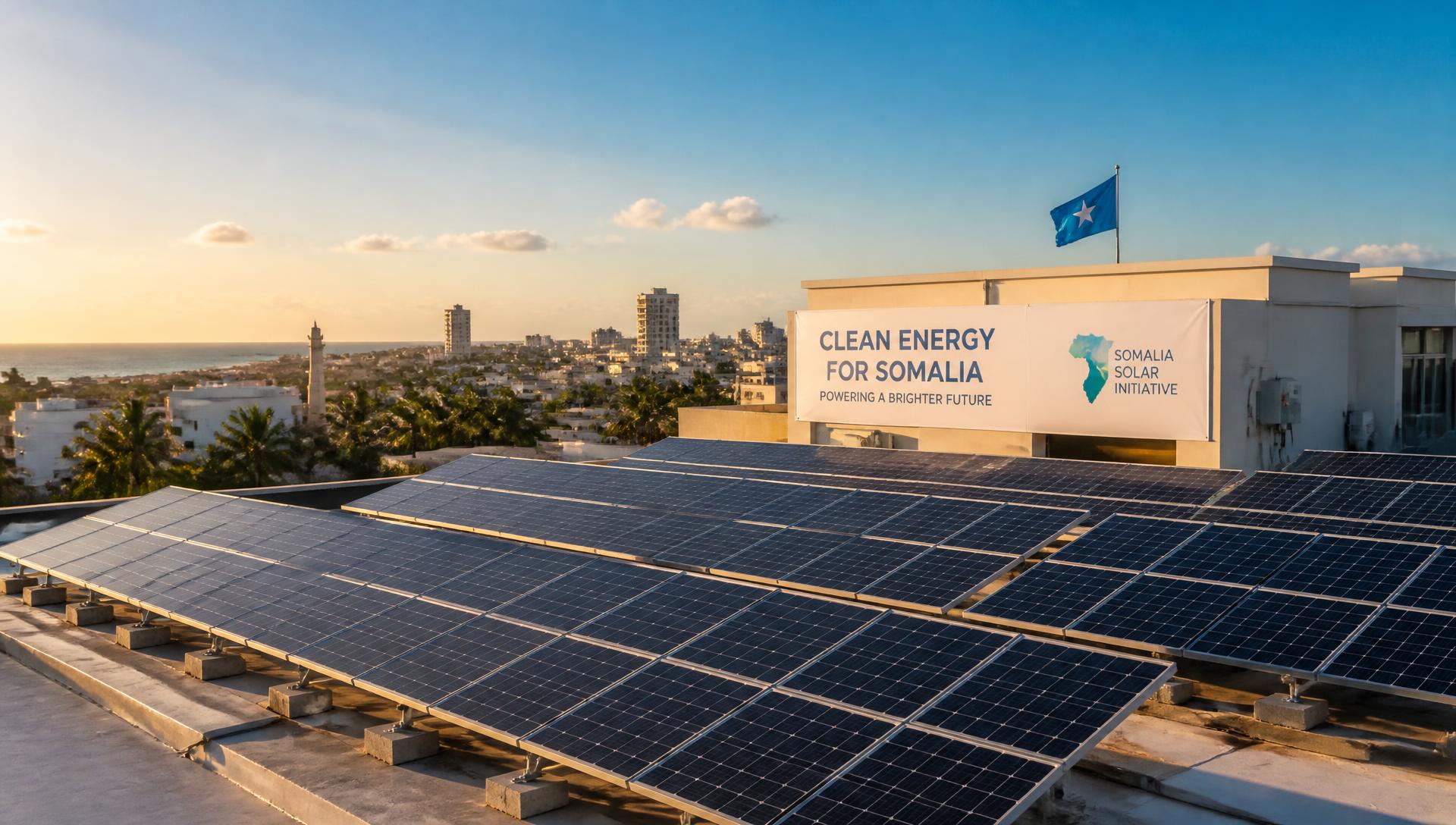 Rooftop solar installation overlooking Mogadishu at sunset